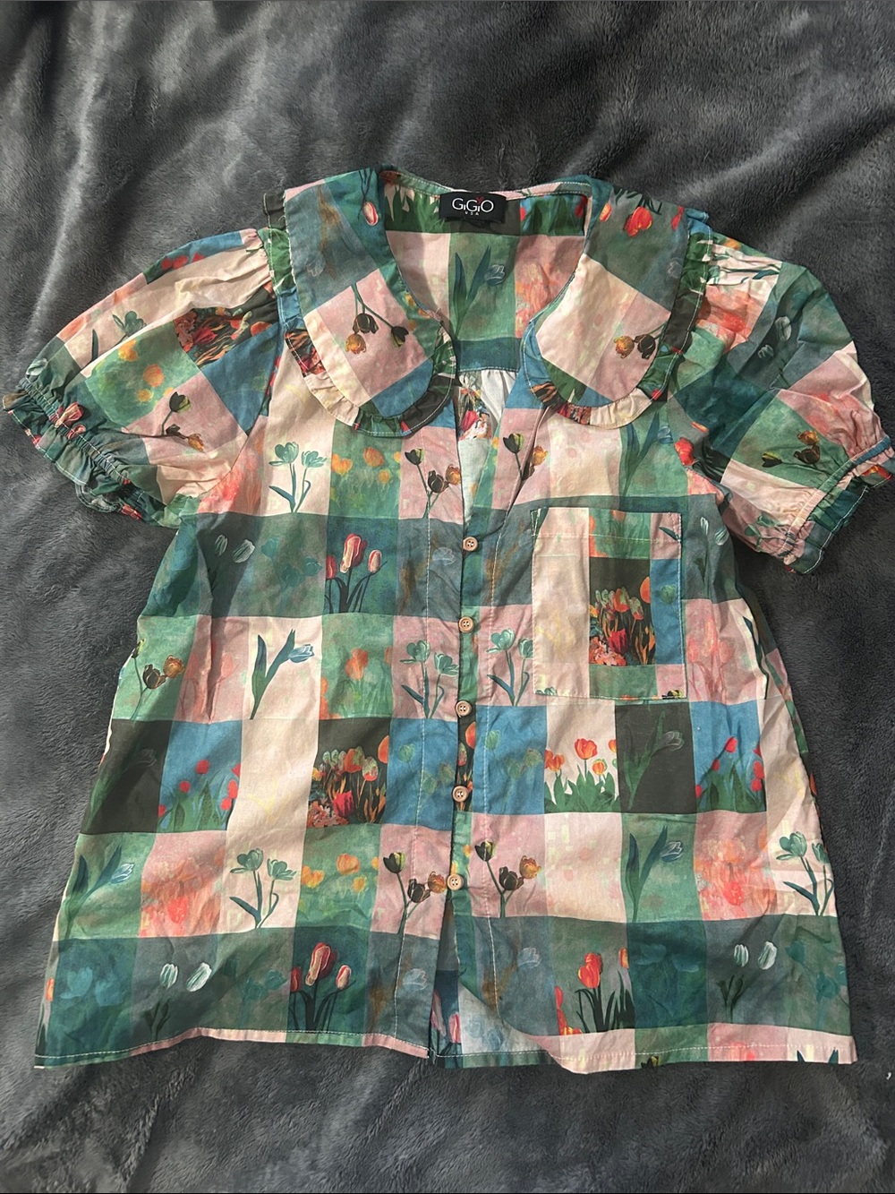 Patchwork Floral Button-Up Blouse in Pastels